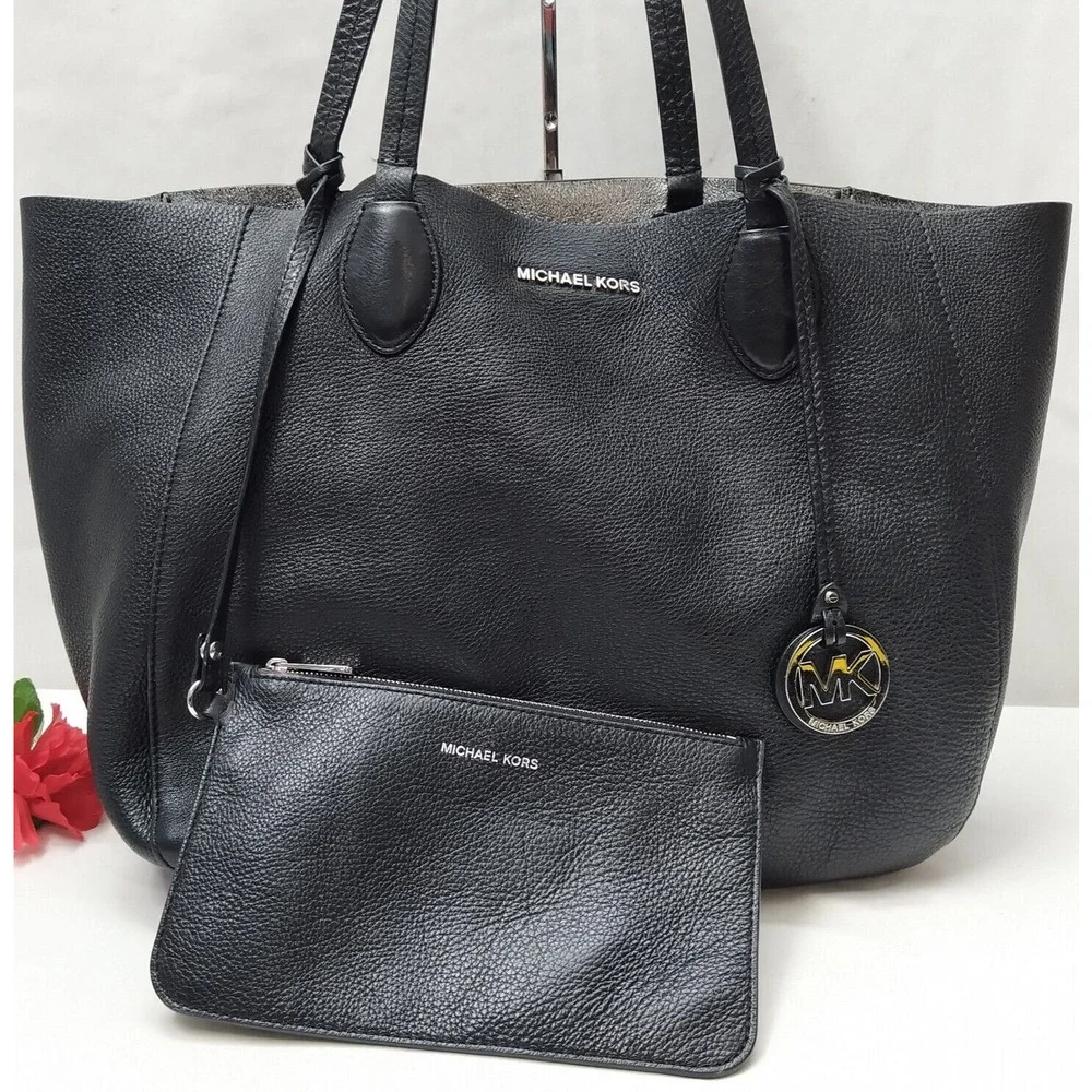 Michael Kors Mae Black Soft Leather Reversible Tote Shoulder Bag W/ Wallet